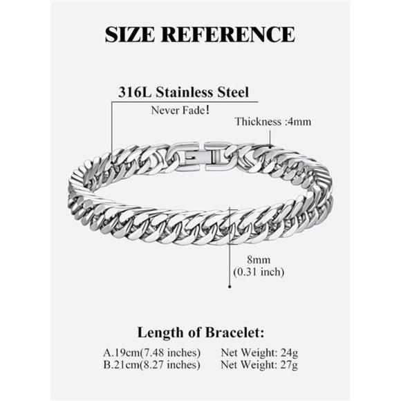 Stainless Steel Plated Link Chain Bracelet for Men 7.4/8.2/9 Inch Length Jewelry - Picture 7 of 7